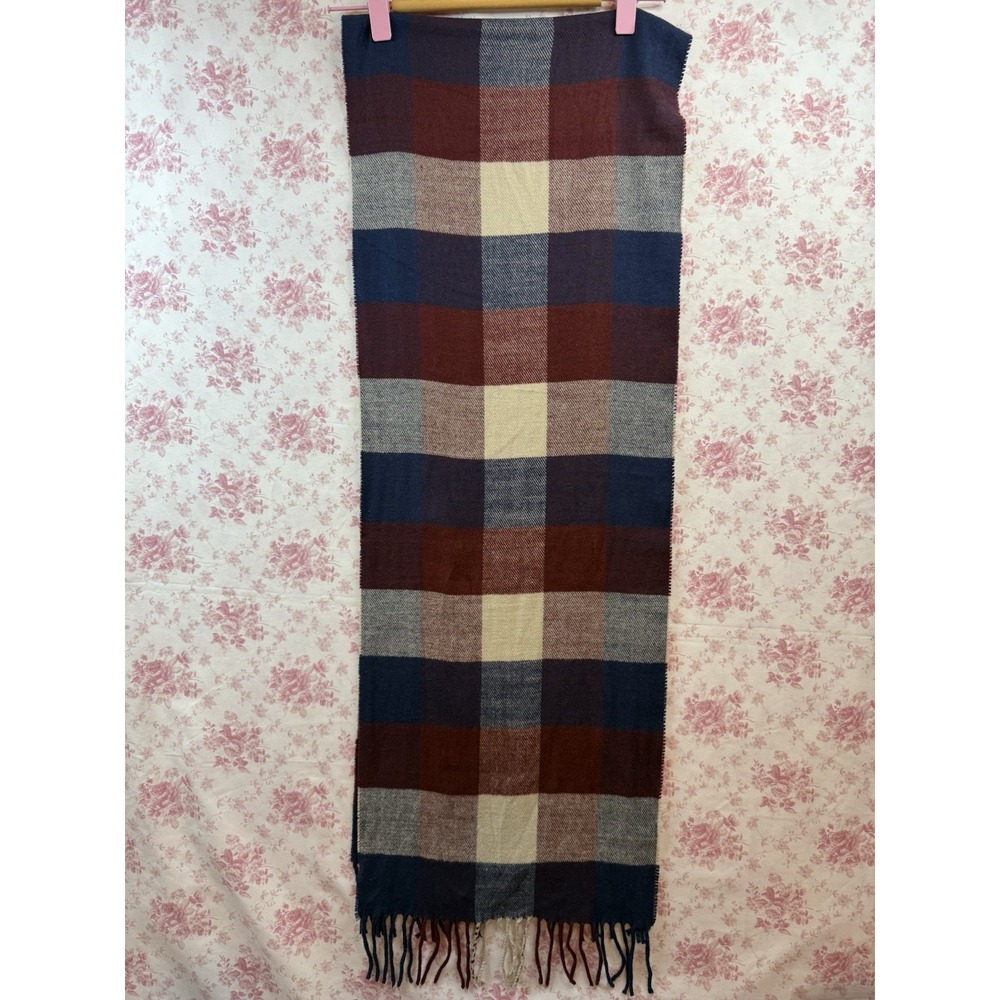 Italy Design Cashmere Viscose Plaid Fringe Scarf Multicolor 12x66 Navy Burgundy